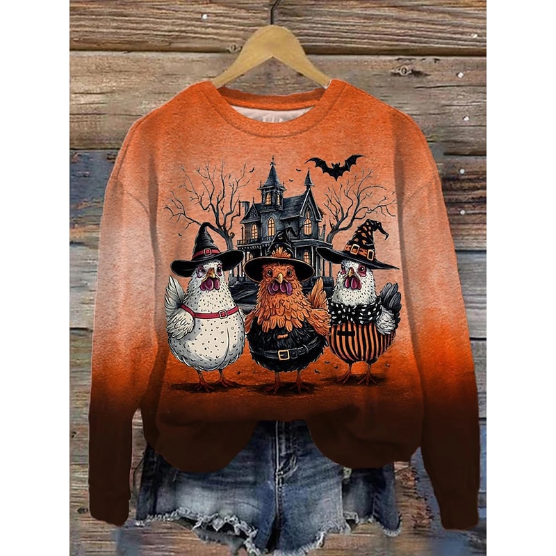 Halloween Women's Pullover Sweatshirt Bat Graphic Animal Fashion Casual Long Sleeve Crew Neck Regular Tops Street Dailywear Casual Print Yellow Orange Brown Fall Winter