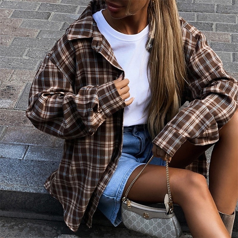 Women's Shirt Plaid Daily Stylish Basic Long Sleeve Shirt Collar Regular Tops Work Daily Holiday Pocket Print Brown Spring Fall