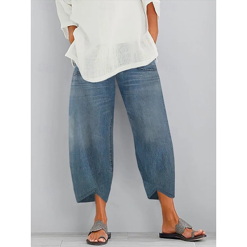 Women's Slacks Pants Trousers Vacation Vintage Ethnic Style Full Length High Waist Floral Graphic Geometic Elastic Waistband Comfy Breathability Soft Inelastic Outdoor Street Daily Black Navy Blue