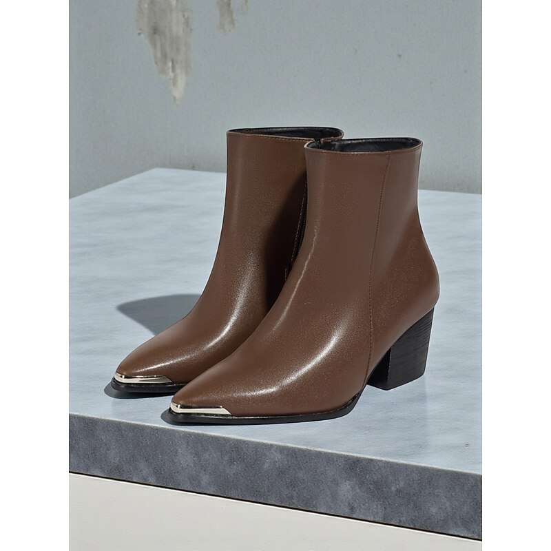 Women's Brown Faux Leather Pointed Toe Ankle Boots – Western Style Mid-Heel Booties with Metal Toe Cap and Side Zipper, Casual Fall Footwear for Urban Streetwear and Office Outfits