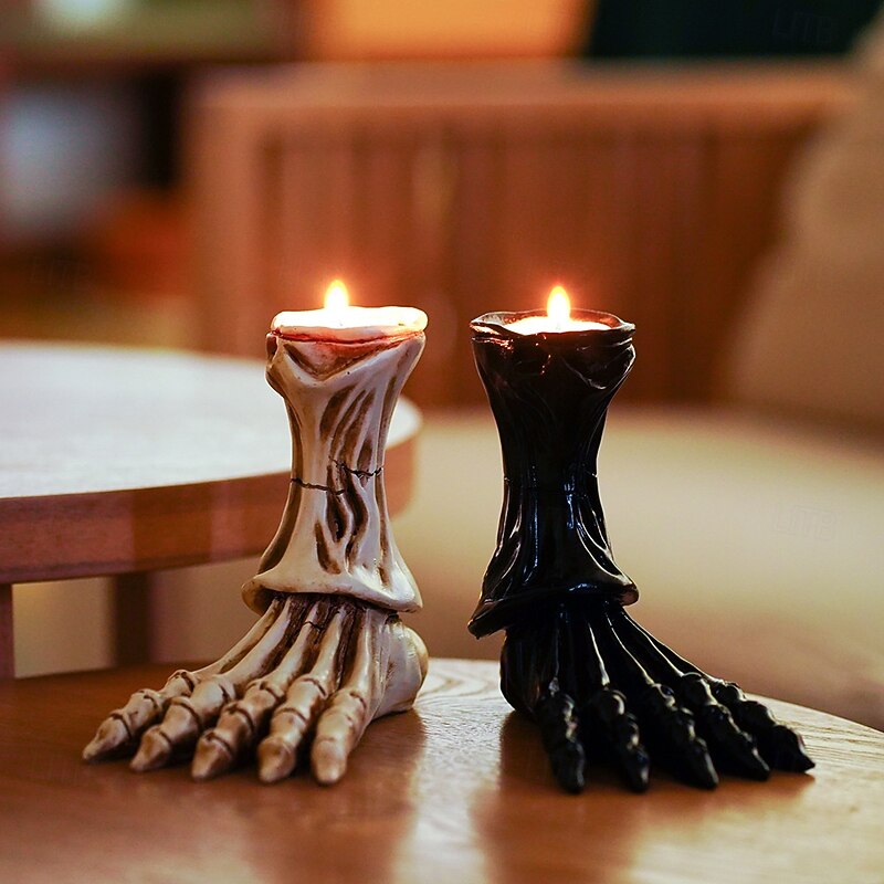 Halloween Statue Realistic Skeleton Foot Candle Holder Home Decor Gothic Resin Candle Base Unique Bar Restaurant Stylish Candle Stand Spooky Tabletop Ornament