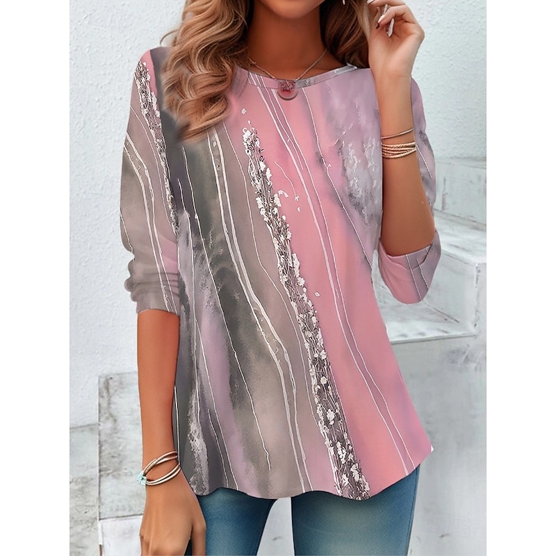 Easter Women's T shirt Crew Neck Long Sleeve Tunic Graphic Striped Plants Vintage Stylish Classic  Round Neck Regular Tops Daily Print Yellow Pink Blue Green Khaki Fall