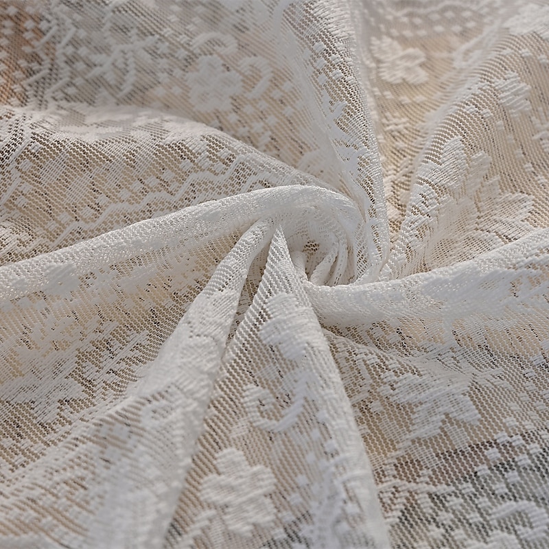 Lace Ruffled Kitchen Short Curtain Valance Vintage Floral Embroidered Short Sheer Cafe Curtain for Kitchen Window Rod Pocket Scalloped Bottom Beaded Sheer Valance1 Panel3