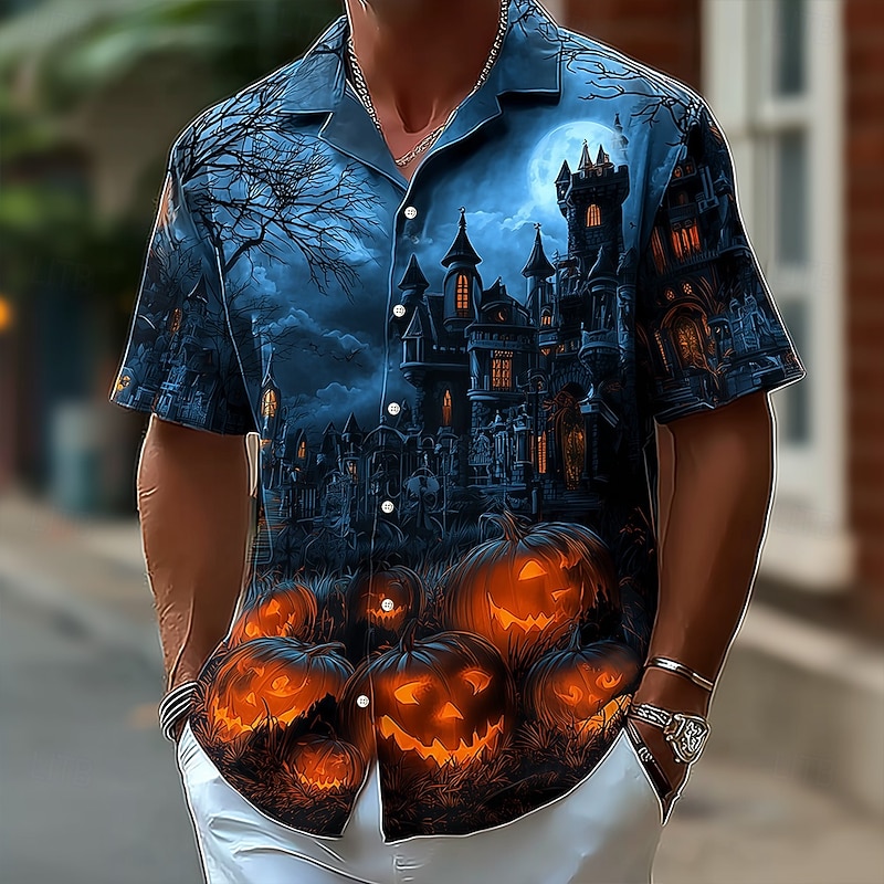 Halloween Men's Pumpkin Cemetery Halloween Costumes Shirt Cuban Collar Shirt Button Up Shirt Short Sleeve Dark Punk Gothic Style Holiday Streetwear Summer Camp Collar Shirt 3D Print Dark Blue