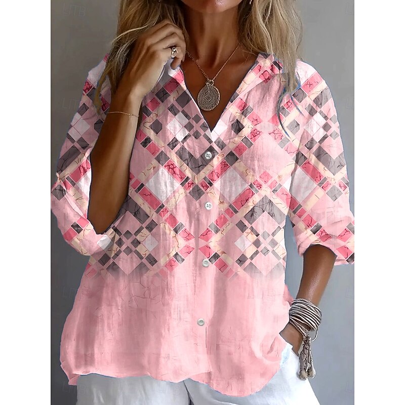 Women's Shirt Button Down Tunic Shirt Collar Long Sleeve Ombre Graphic Plaid Vintage Tropical Daily Regular Tops Work Daily Holiday s Print Pink Spring Fall