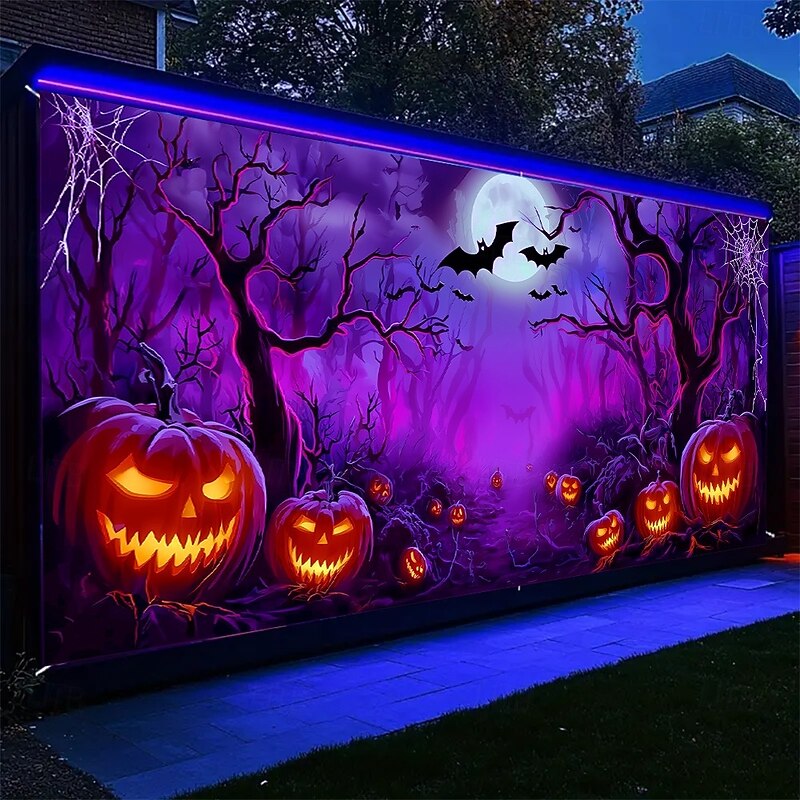 Halloween Garage Door Cover Neon Pumpkins in Spooky Forest Banner, Glowing Blacklight Backdrop Decoration for Holiday Outdoor Garage Door and Home Wall, 2025 Halloween Decorations2