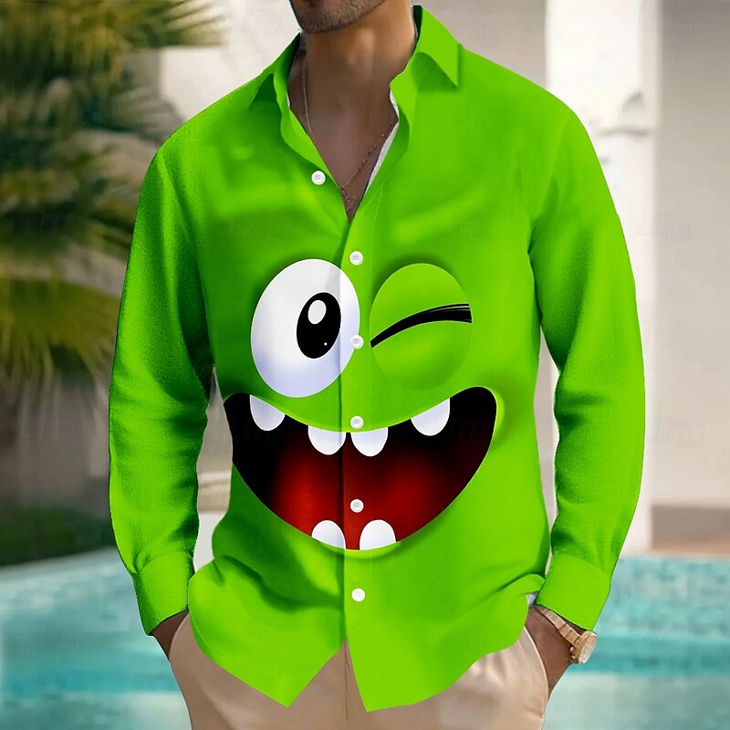 Men's Cartoon Funny Smile Face Shirt Button Up Shirt Long Sleeve Fashion Casual Outdoor Daily Streetwear Spring Fall Turndown 3D Print Front One Pocket Linen Like Shirt Red Orange Green Dark Blue4
