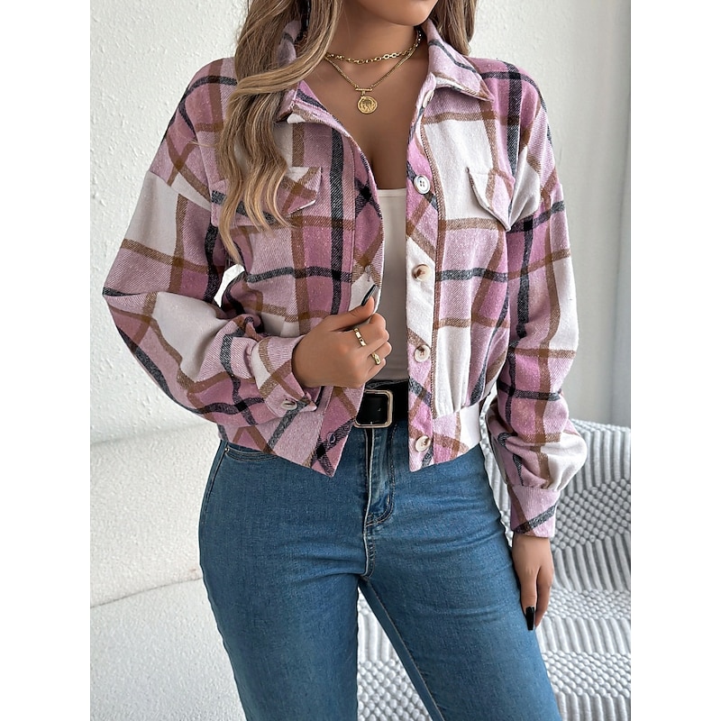 Women's Shirt Jacket Casual Jacket Comfortable Breathable Buttons Print Casual Plaid Vacation Street Casual Daily Wear Single Breasted Short Stand Collar Regular Fit Long Sleeve Outerwear Pink4
