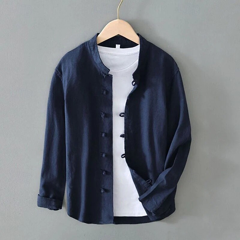 Men's Shirt Linen Shirt Viking Style Band Collar Shirt Summer Shirt Beach Wear Solid Color Vacation Street Black White Navy Blue Gray Long Sleeve Mandarin Collar Summer Spring Clothing Apparel Buttons3