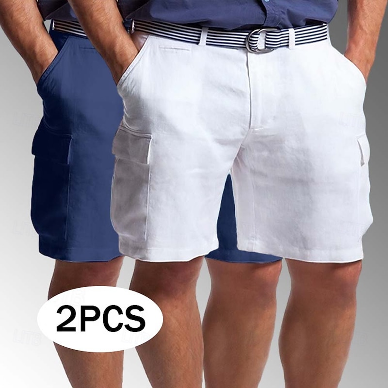 Men's Cargo Shorts Linen Shorts Summer Shorts Beach Shorts Multi Pocket Straight Leg Plain Comfort Breathable Knee Length Casual Daily Holiday Vacation Fashion White+khaki White+Navy Blue