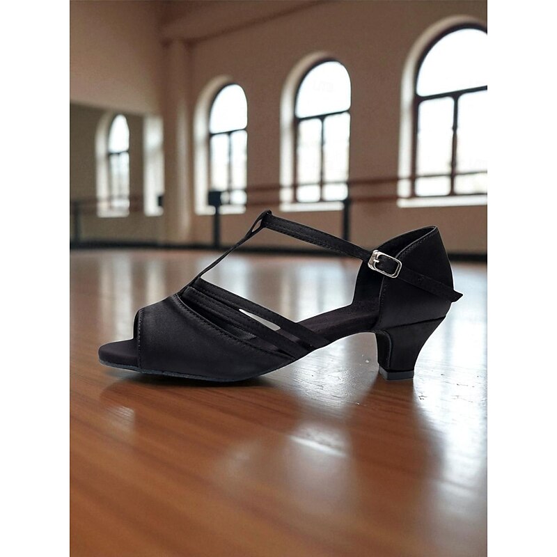 Women's Black Satin Latin Dance Shoes - T-Strap Peep Toe Ballroom Heels for Beginners and Professionals, Ideal for Salsa, Rumba, and Practice Sessions4