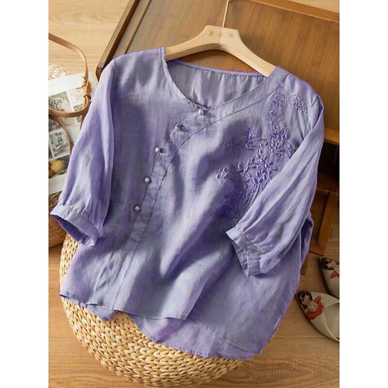 Women's Shirt Blouse Cotton Linen Shirts Solid Color Stylish Casual 3/4 Length Sleeve Crew Neck Regular Tops Daily Embroidered Buttons Yellow Red Purple Green Summer Spring3