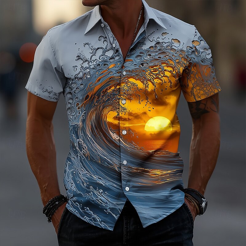 Men's Optical Illusion Ocean Sunset Shirt Summer Shirt Button Up Shirt Short Sleeve Hawaiian Holiday Streetwear Summer Spring Turndown 3D Print Collared Shirts Blue 1# Blue2