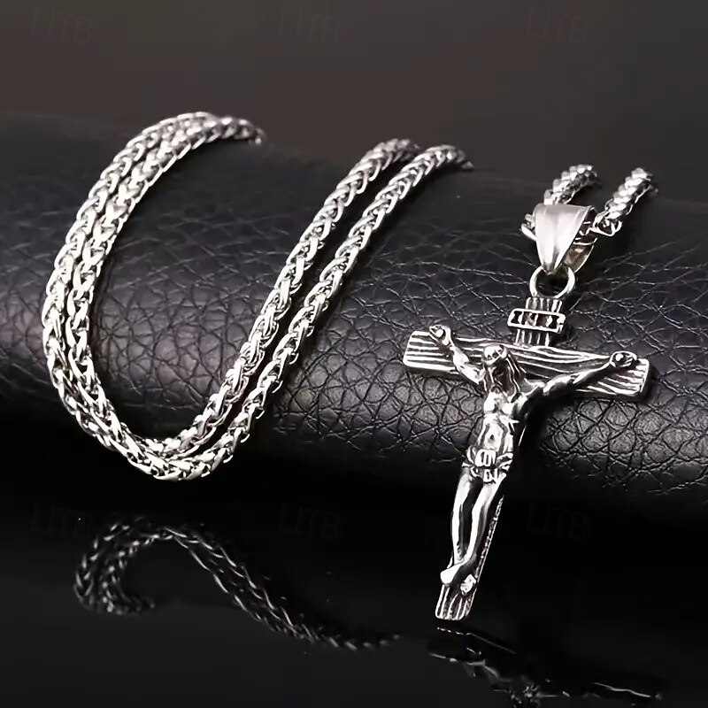 Crucifix Necklace for Men, Vintage Jesus Cross Pendant, Stainless Steel Hip Hop Chain, Religious Fashion Jewelry for Streetwear & Daily Wear4