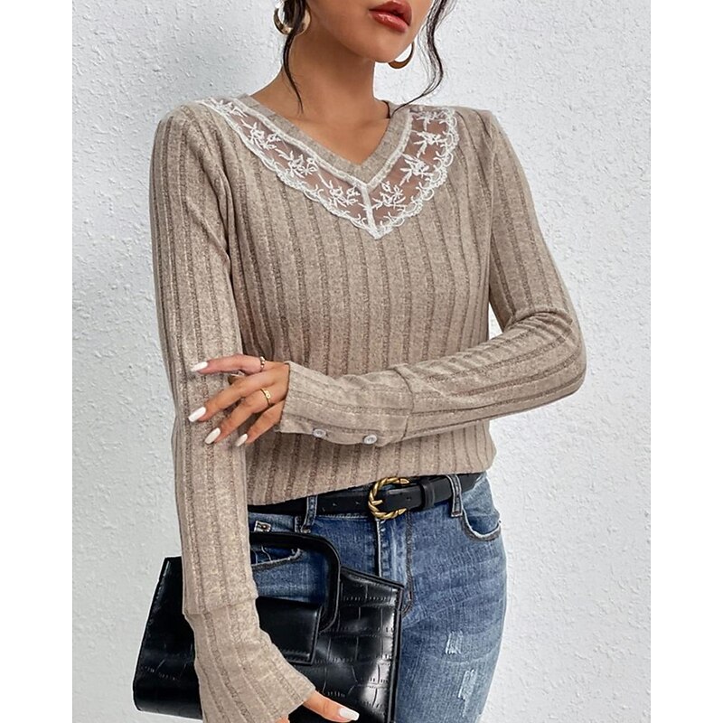 Women's Sweater Pullover Daily Stylish Casual Solid Color Ribbed V Neck Lace Knitted Long Sleeve Regular Tops Knit Daily Holiday Going out Khaki Fall Winter3