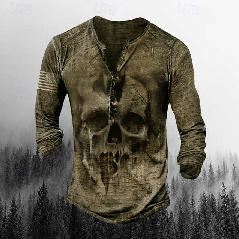 Men's T shirt Tee Henley Shirt Graphic Skull Henley Army Green Brown Khaki Gray Plus Size Street Casual Long Sleeve Button-Down Print Clothing Apparel Stylish Retro Vintage Basic3