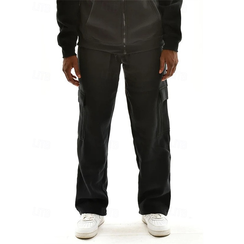 Men's Trousers Cargo Sweatpants Straight Leg Sweatpants Pocket Elastic Waist Drawstring Plain Comfort Sports Outdoor Daily Fashion Casual Black White Micro-elastic3