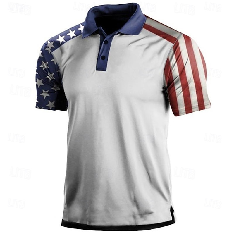 OUKU Men's American Flag Veterans Polo Shirts Golf Shirt Short Sleeve Polo Shirts Collared Shirts Casual Streetwear Vacation Wear Party Outfits Buttons 3D Print White & Blue Black White4