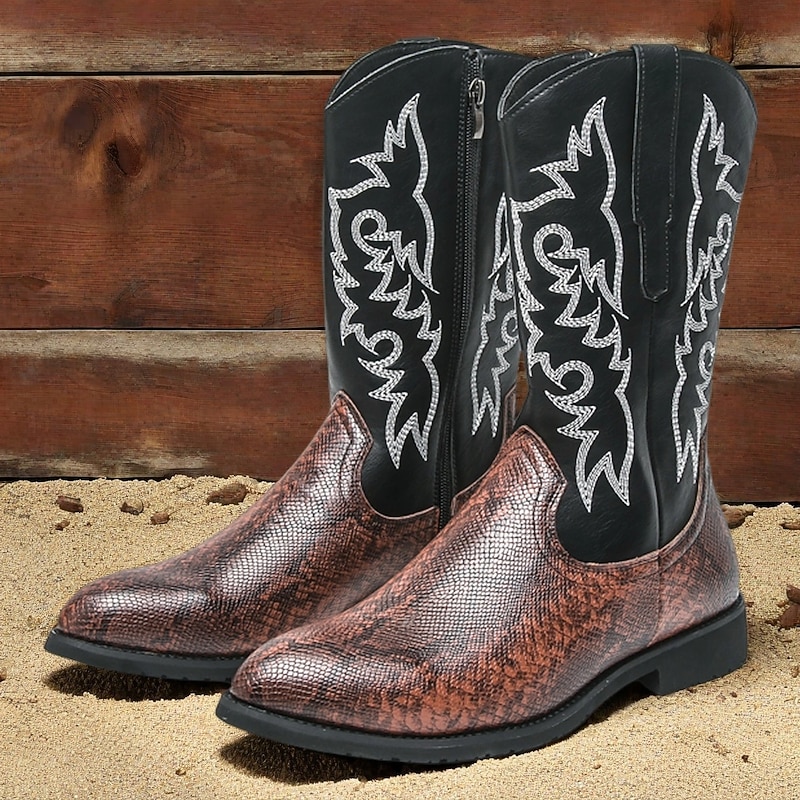 Men's Boots Cowboy Boots Retro Snakeskin Shoes Walking Vintage Casual PU Leather Comfortable Slip Resistant Warm Mid-Calf Boots Loafer Brown Black / Pink