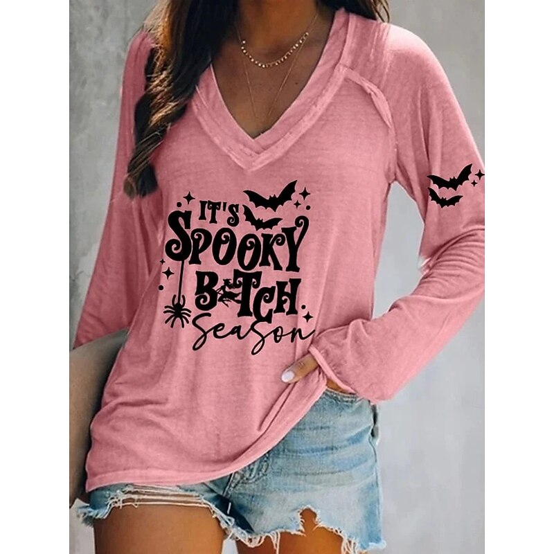 Halloween Women's T shirt Long Sleeve V Neck Long Sleeve Graphic Casual Vintage Regular Tops Daily Print Black Pink Orange Green Gray Spring Fall Prefall4
