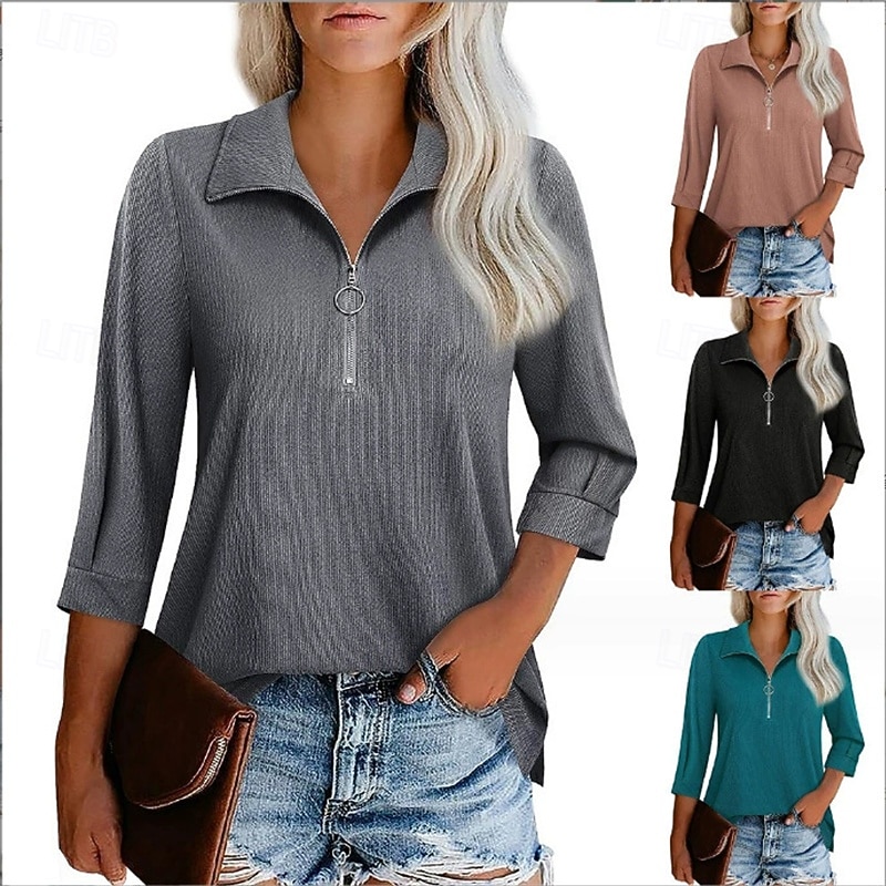 Women's Texture Blouse T Shirt Plain Fashion Modern Short Sleeve Shirt Collar Regular Tops Daily Zipper Black Green Gray Summer