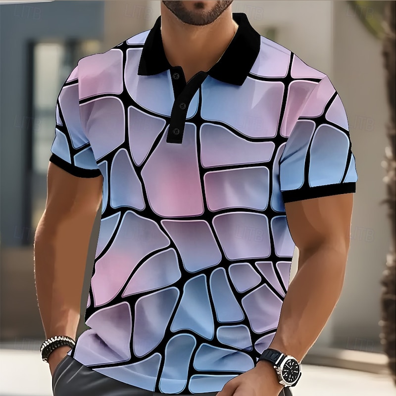 Men's Abstract Geometic Polo Short Sleeve Polo Shirts Collared Shirts Casual Street Athleisure Daily Wear 3D Print Buttons Summer Yellow Blue Purple