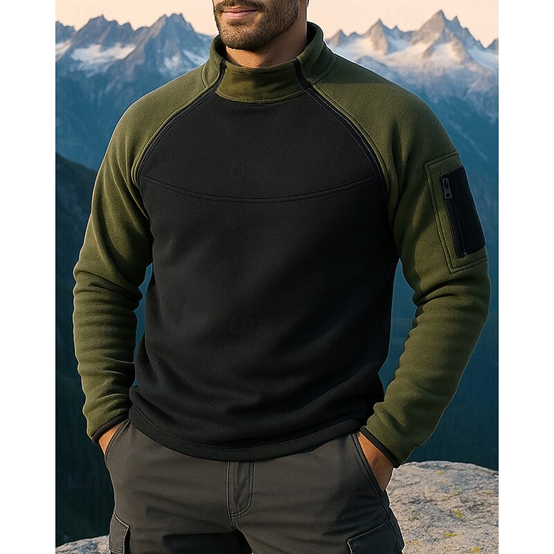 Men's Fleece Sweatshirt Long Sleeve Stand Collar Top Outdoor Thermal Warm Full Zip Polyester Patchwork Army Green Royal Blue Beige Traveling Running