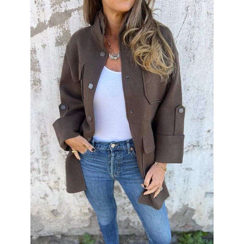 Women's Coat Comfortable Breathable Pocket Fashion Daily Plain Outdoor Casual Daily Single Breasted Regular Turndown Regular Fit Long Sleeve Outerwear Black Brown Khaki Spring Fall4