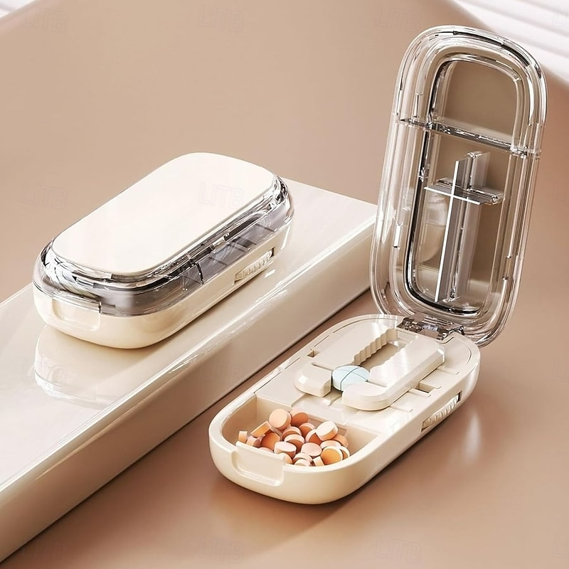 Portable Pill Cutter for Travel, Precise Pill Splitter for 1/2 or 1/4 Cutting, Compact Pill Box with Blade for Accurate Tablet Splitting and Storage