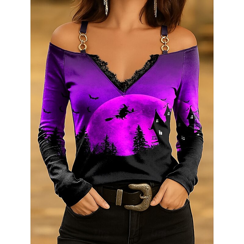 Halloween Women's T shirt Witch Graphic Vintage Stylish Classic Long Sleeve V Neck Regular Tops Daily Lace Print Blue Purple Orange Green Spring Fall3