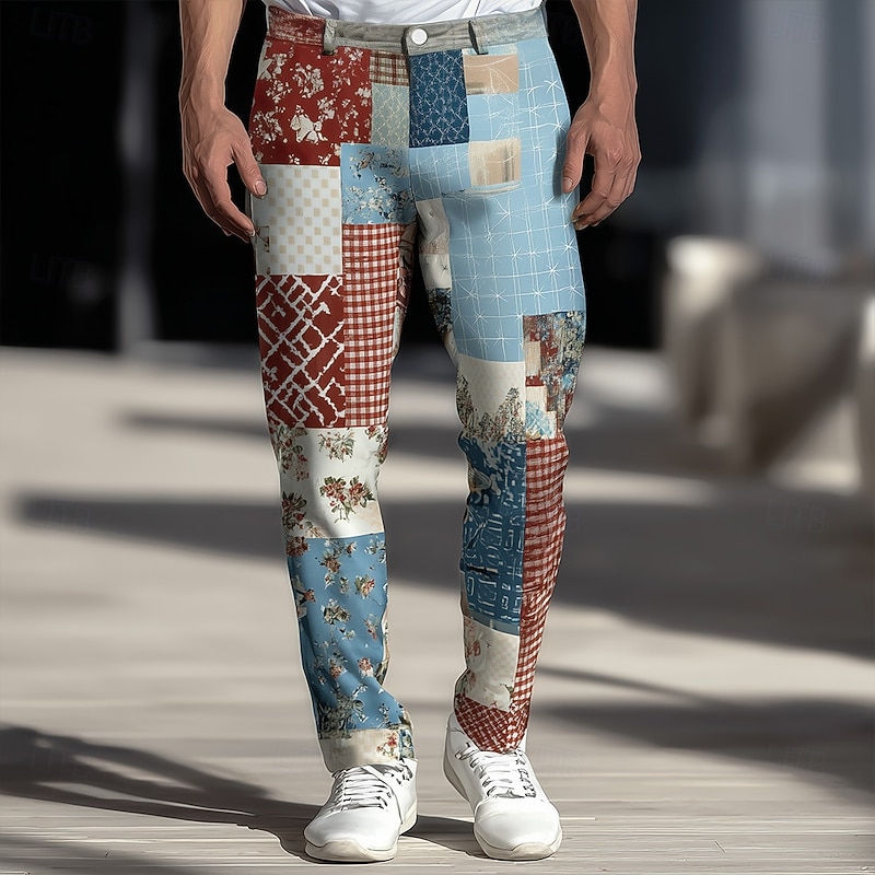 Men's Geometric Color Block Patchwork Dress Pants Trousers Suit Pants Mid Waist Ethnic Vintage Retro Outdoor Holiday Slim Fit Pants with Pockets Spring Fall 3D Print Blue