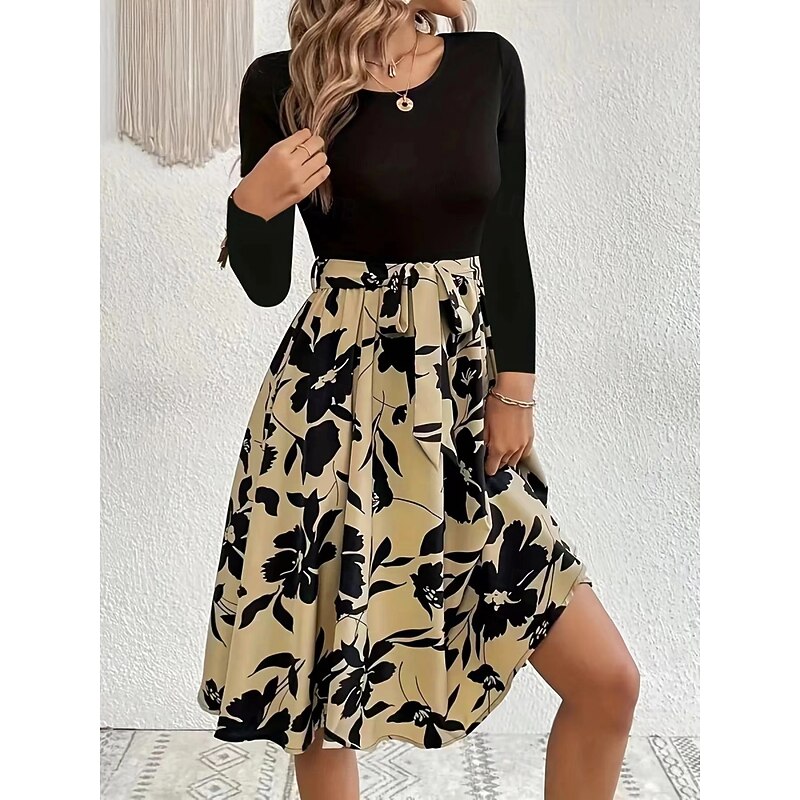 Women's Mini Dress A Line Dress Casual Daily Regular Fit Floral Graphic Long Sleeve Crew Neck Dark Yellow White Yellow Wine Summer3