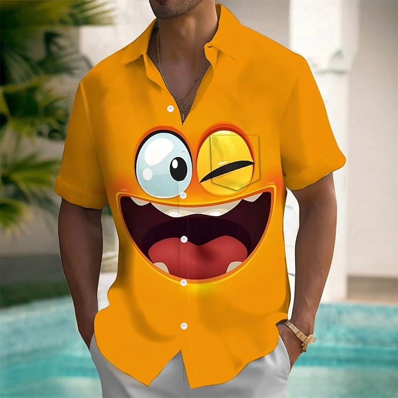 Men's Cartoon Funny Smile Face Shirt Summer Shirt Button Up Shirt Short Sleeve Fashion Casual Outdoor Vacation Dailywear Summer Spring Turndown 3D Print Collared Shirts Front One Pocket Orange