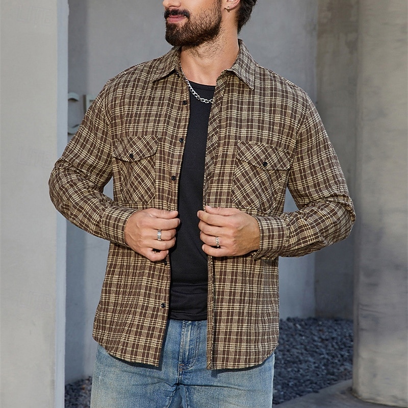 Men's Lightweight Jacket Shirt Jacket Casual Jacket Shacket Vacation Daily Breathable Pocket Spring Fall Plaid Fashion Classic Lapel Regular Black Yellow Jacket