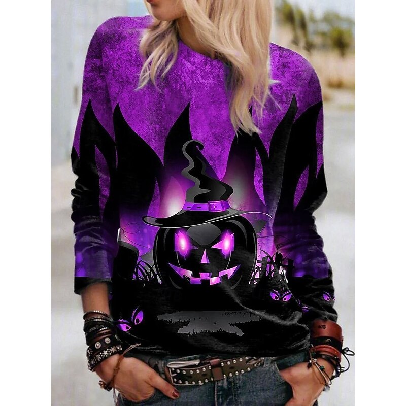 Halloween Women's T shirt Pumpkin Long Sleeve Crew Neck Long Sleeve Tunic Graphic Ghost Vintage Stylish Classic Round Neck Tops Daily Weekend Print Blue Purple Orange Green Spring Fall Prefall3