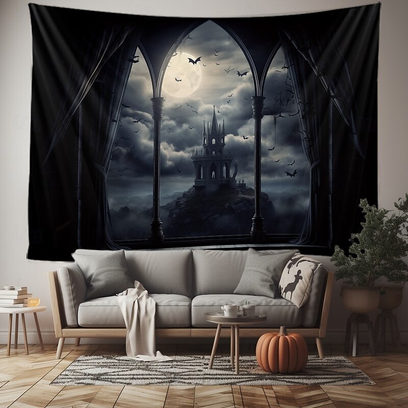 Gothic Black Cathedral Window Scene Wall Tapestry Backdrop, Dark Haunted Room Halloween Decoration for 2025 Halloween Living Room, Bedroom2