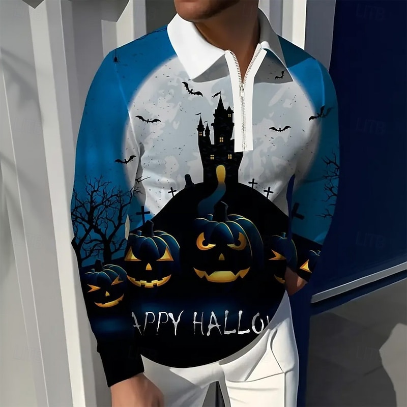 Halloween Men's Pumpkin Castle Polo Long Sleeve Turndown Casual Daily Dark Sports & Outdoor Casual Daily Festival Zipper 3D Print Spring Fall Winter Robin's Egg Blue