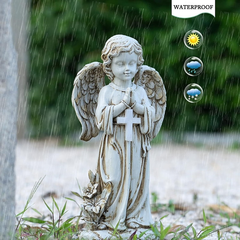1 Pc Outdoor Solar Waterproof Cross Prayer Angel Cemetery Light Courtyard Lawn Monument Resin Light Decorative Light Landscape Light2