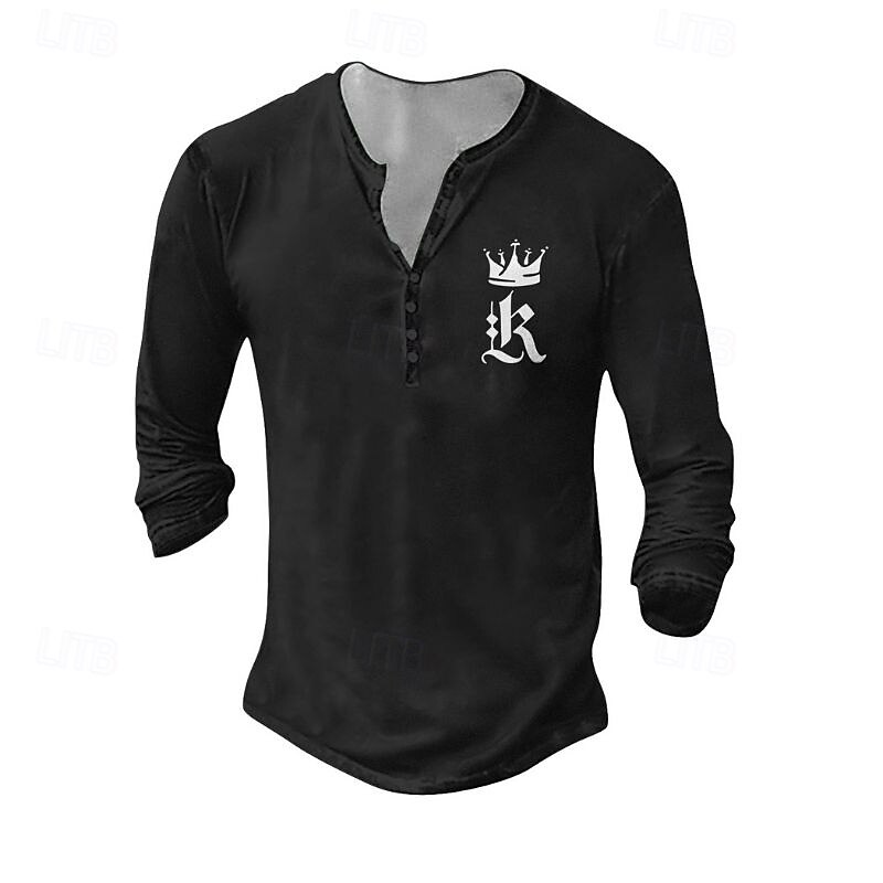 Men's Henley Shirt Tee Tee Top Long Sleeve Shirt Long Sleeve Henley Summer Fall Pattern Crown Fashion Designer Fashion Vintage Vacation Street Going out Dark Grey Black White Top Tee for Men4