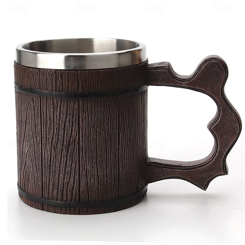 Wooden Beer Mug Beer Barrel Resin Cup with Stainless Steel Liner Vintage Style Drinking Mug for Beer Coffee Tea Rustic Home Kitchen Bar Drinkware Decor4