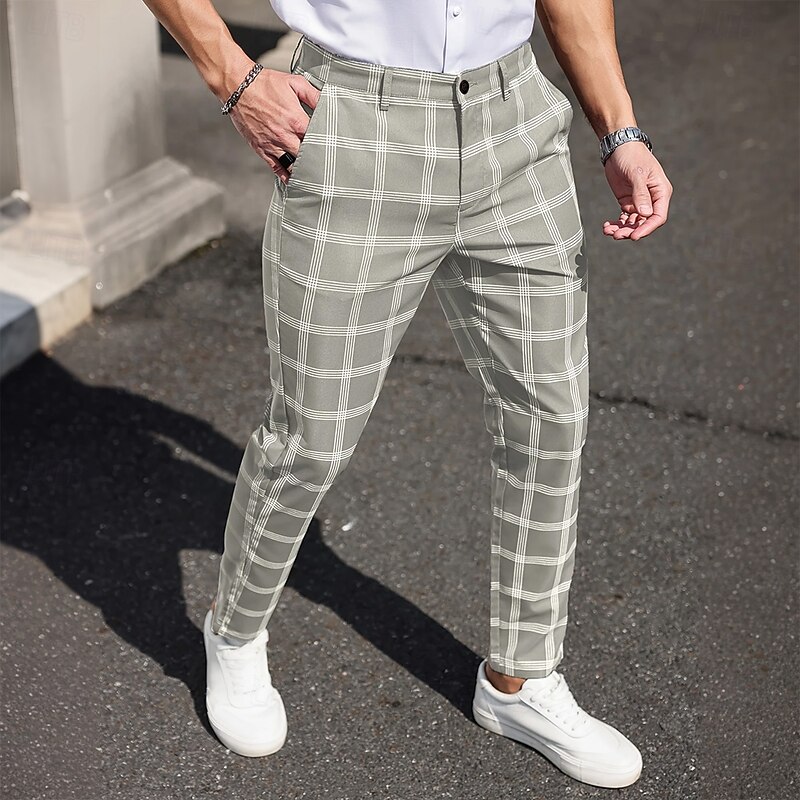 Men's Geometric Grid / Plaid Dress Pants Trousers Suit Pants Mid Waist Business Casual Formal Dailywear Slim Fit Pants with Pockets Spring Fall 3D Print Black Dark Blue Dark Gray3