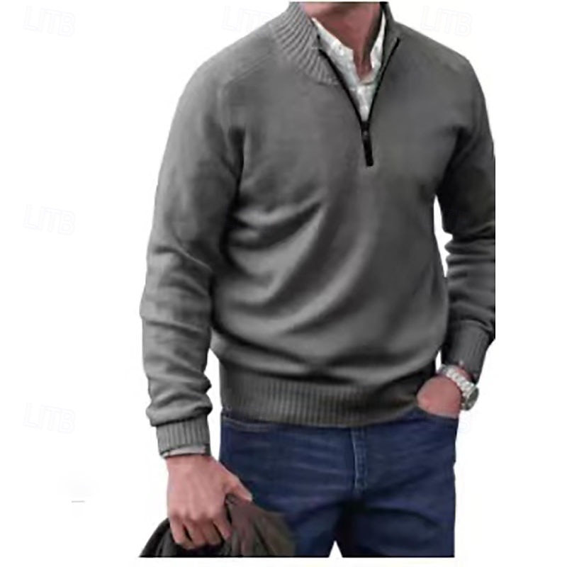 Men's Pullover Sweater Jumper Ribbed Knit Regular Tops Zip Up Knitted Plain Stand Collar Knitwear Modern Contemporary Casual Daily Wear Clothing Apparel Fall Winter Deep Purple Camel M L XL4