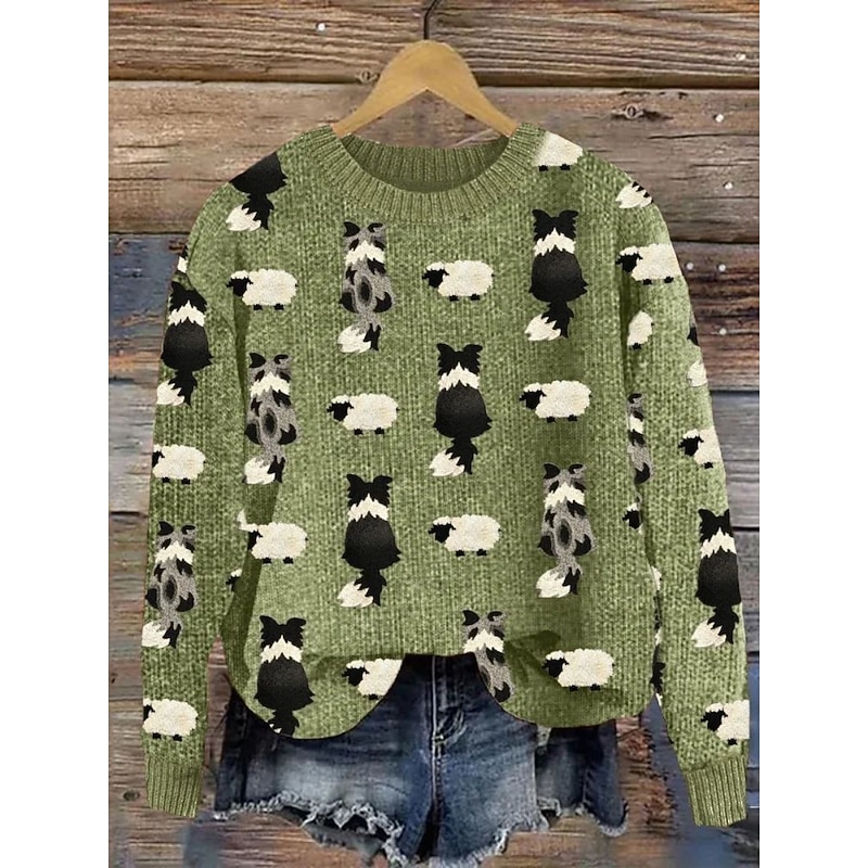 Women's Sweater Casual Soft Animal Ribbed Crew Neck Knitted Print Long Sleeve Regular Tops Knit Outdoor Daily Weekend Dark Green Green Fall Winter