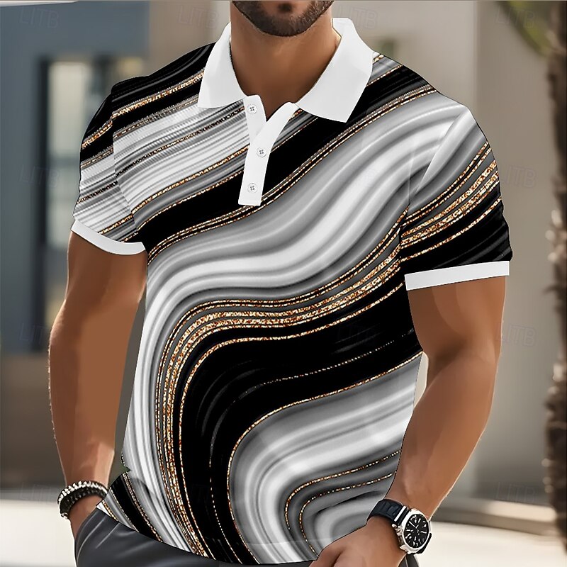 Men's Geometric Abstract Polo Short Sleeve Polo Shirts Collared Shirts Casual Athleisure Daily Wear 3D Print Buttons Summer Black