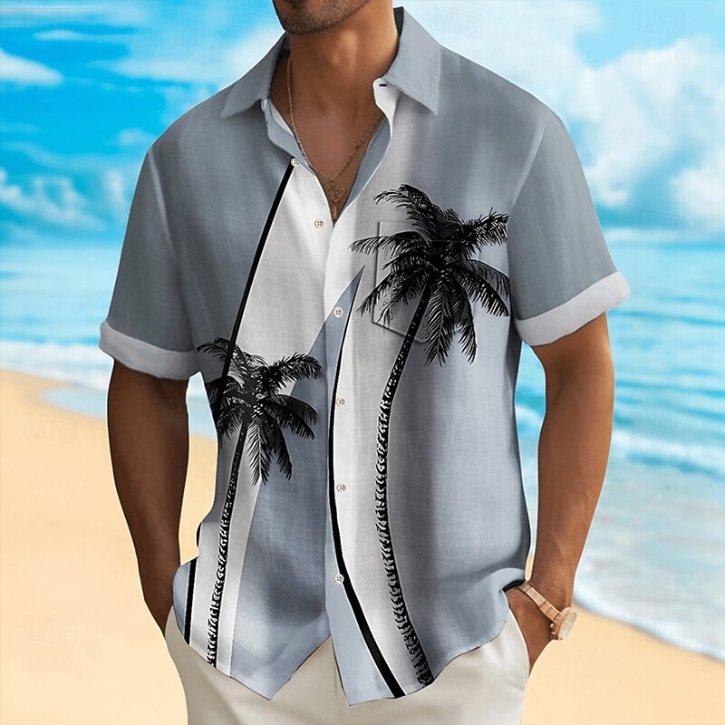 Men's Coconut Tree Tropical Plants Summer Hawaiian Shirt Button Up Shirt Aloha Shirt Short Sleeve Hawaiian Holiday Beach Wear Summer Spring Turndown 3D Print Collared Shirts Front One Pocket Blue