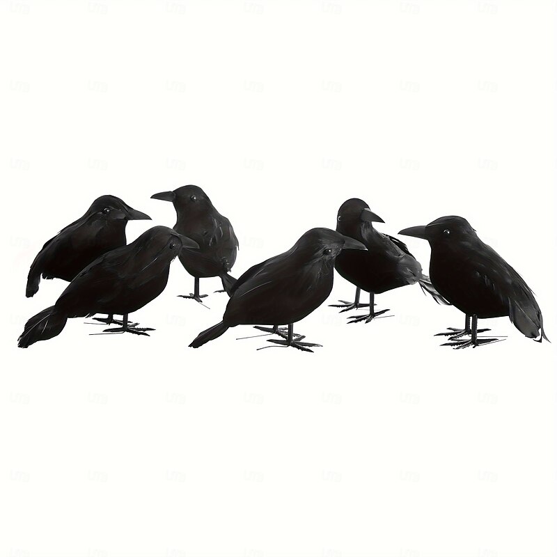 Halloween Black Crows Decorations 6-Pack - Handcrafted Realistic Feathered Ravens for Garden Yard Patio Indoor Outdoor Display - Non-Electric Seasonal Decor with Artificial Feathers2