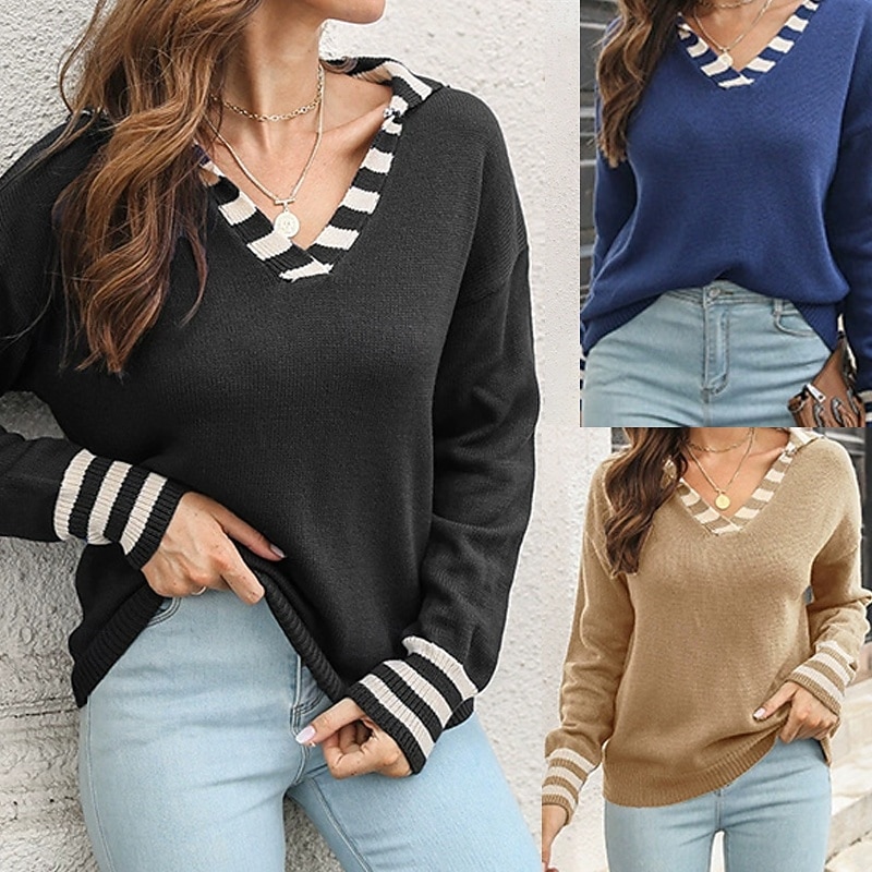 Women's Pullover Casual Color Block Chunky V Neck Knitted Long Sleeve Regular Tops Knit Daily Holiday Going out Black Yellow Fall Winter