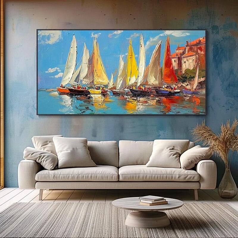 Mintura Handmade Boat Landscape Oil Paintings On Canvas Modern Wall Art Decoration Abstract Dock Picture For Home Decor Rolled Frameless Unstretched Painting