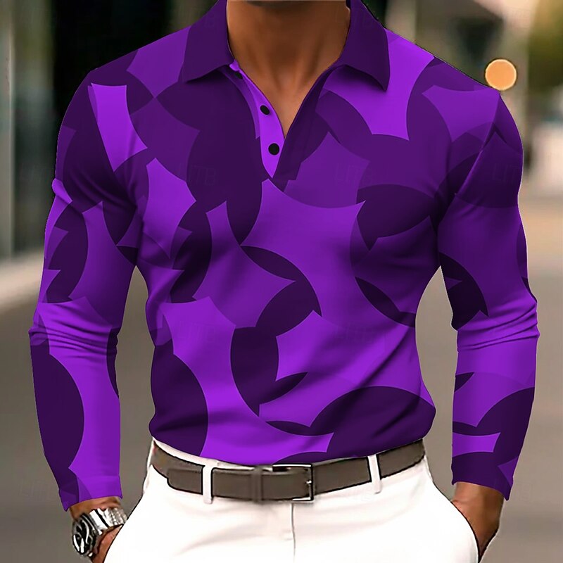 Men's Geometic Polo Long Sleeve Polo Shirts Lapel Casual Athleisure Daily Wear 3D Print Buttons Spring Fall Winter Blue Purple Orange3