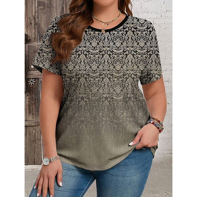 Women's Plus Size Tops T Shirt Ombre Geometry Print Short Sleeve Crew Neck Casual Daily Polyester Summer Spring Pink Blue